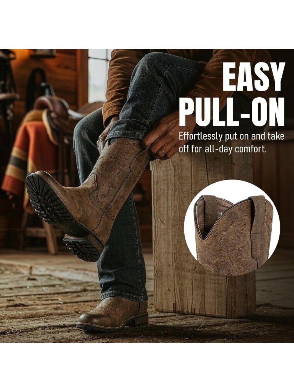 Men’s Round Toe Cowboy Boots Western Riding Boots - Picture 4 of 6